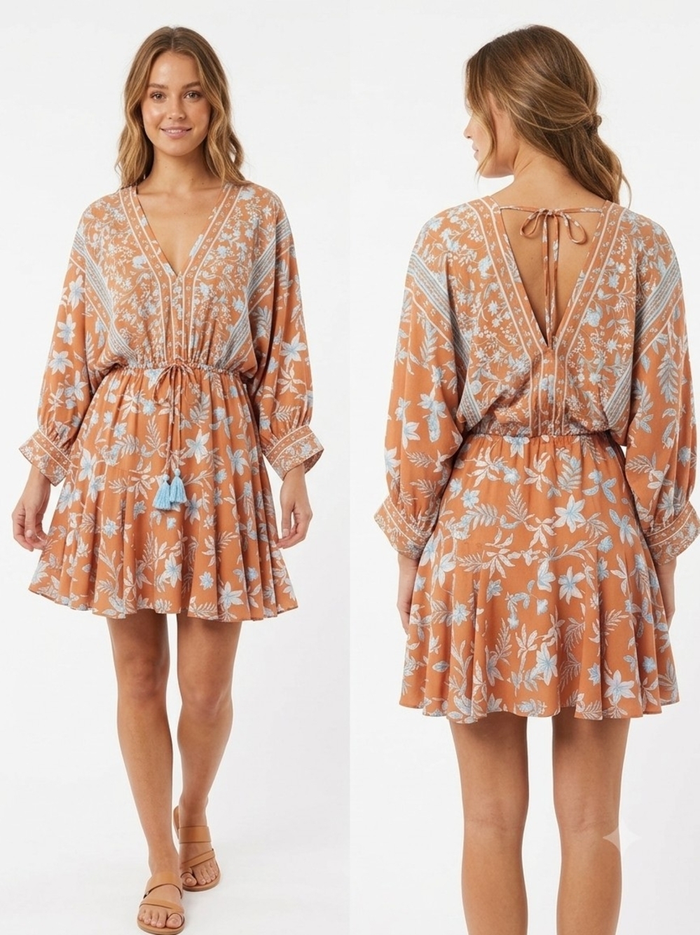 Baltic Born Adria Mini Dress, featuring a vibrant orange and light blue floral